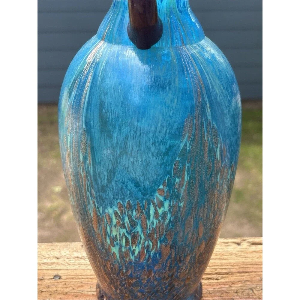 Dale Tiffany Turquoise Glass Vase w Infused Copper Design